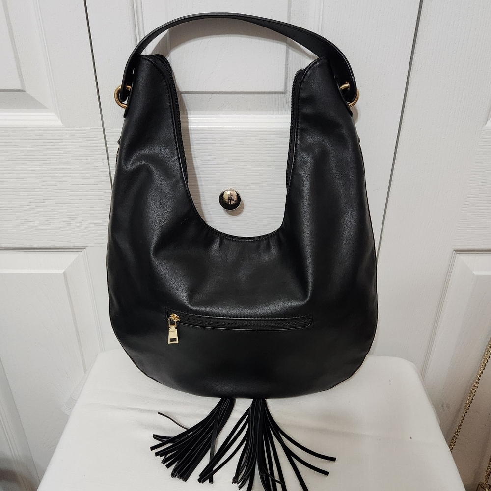Charming Charlie Black Hobo Bag with Tassel Accent